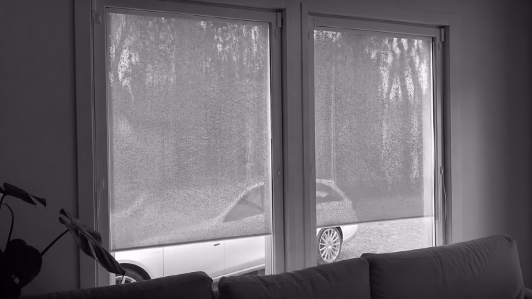 Olohuoneesta, jossa on sohva ja pimentävät kaihtimet, näkyy ulkona oleva auto osittain kahden suuren, huurteisen ikkunan läpi.