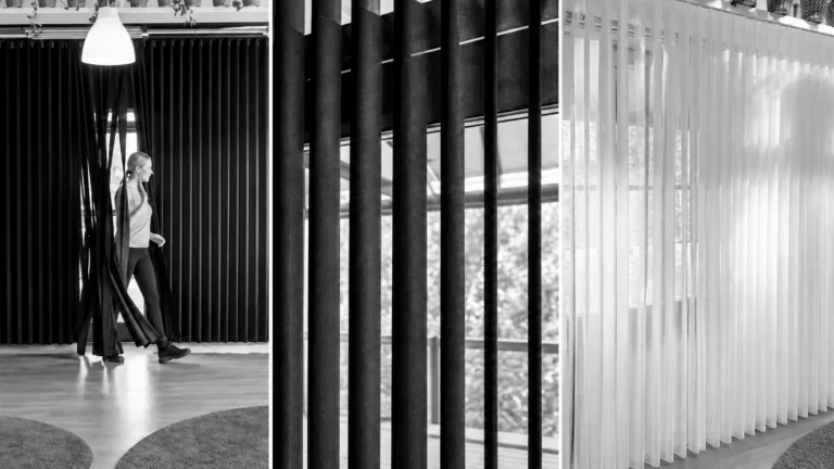 Mustavalkoinen kollaasi Wave-lamelliverhosta: vapaa kulku, säädettävät tummat poimut ja valkoinen aalto.